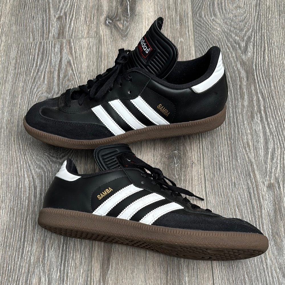 Adidas Samba Black with White Stripes.
